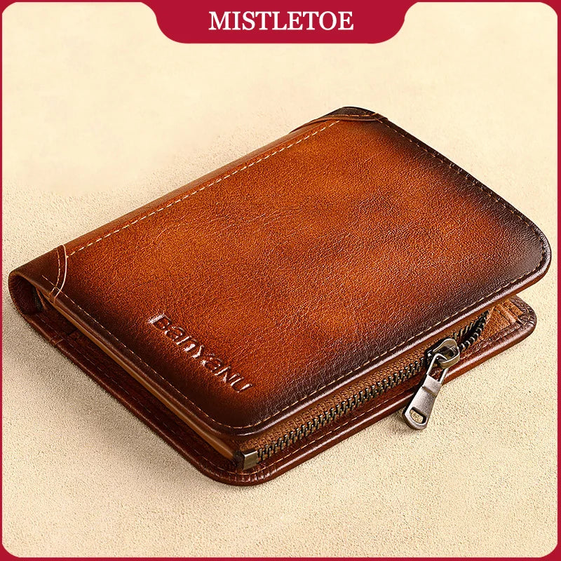Vintage Fashion Small Cowhide Genuine Leather Men Wallet Travel Anti RFID Zipper Coin Wallet for Men Gifts