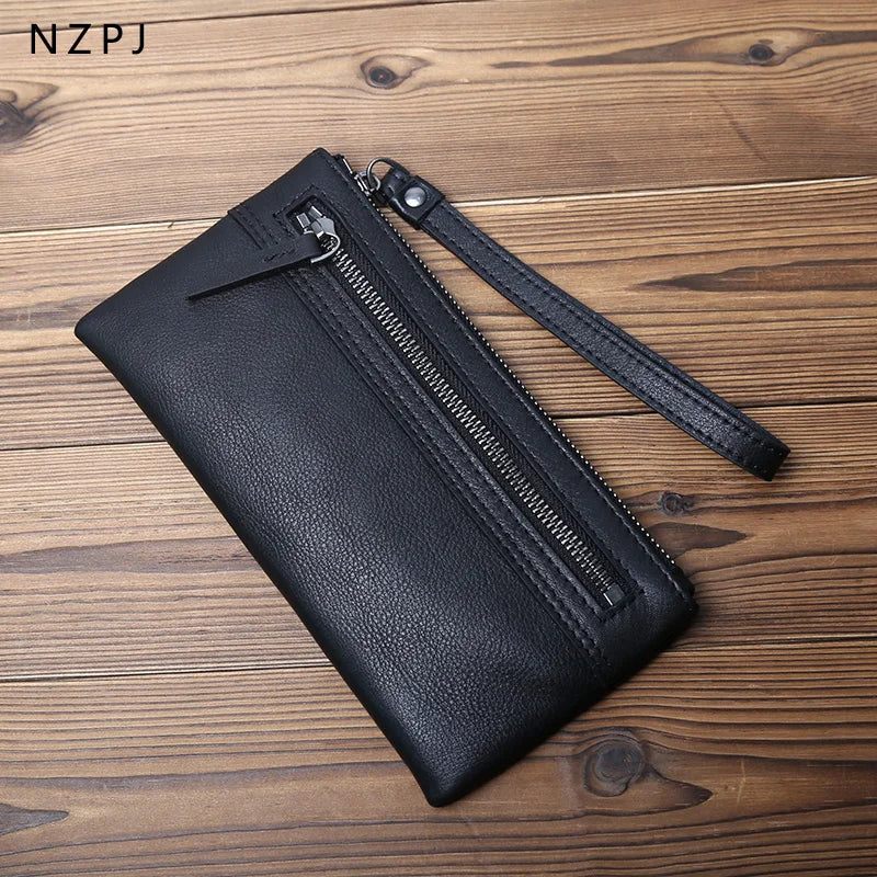NZPJ Leather Men's Wallet Natural Leather Clutch Bag Long Bank Card Bag Large Capacity Coin Purse Casual Men's Mobile Phone Bag
