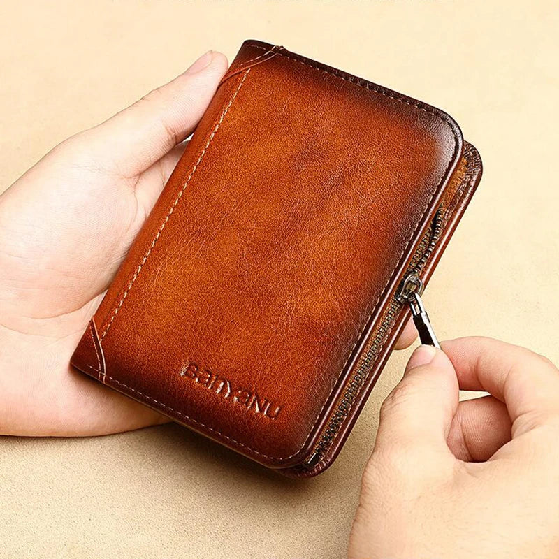 Vintage Fashion Small Cowhide Genuine Leather Men Wallet Travel Anti RFID Zipper Coin Wallet for Men Gifts