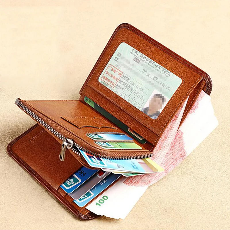 Vintage Fashion Small Cowhide Genuine Leather Men Wallet Travel Anti RFID Zipper Coin Wallet for Men Gifts